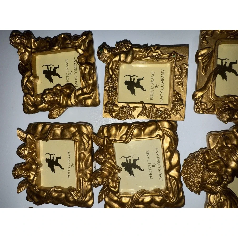 VTG Set of 12 Gold Toned Two's Company Small‎ Photo Frames Angel Cherub Ribbon N
